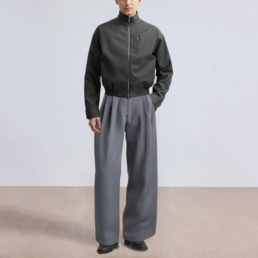 Grey pleated wide leg men's suit pants