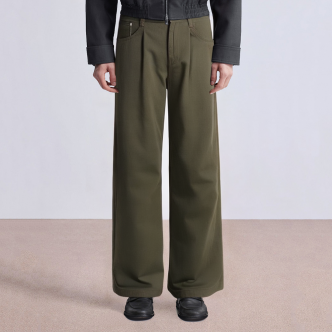 Green pleated detail straight-leg men's suit trousers