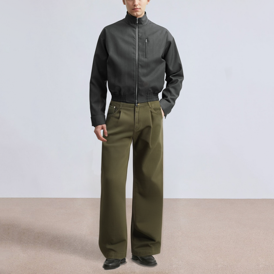 Green pleated detail straight-leg men's suit trousers