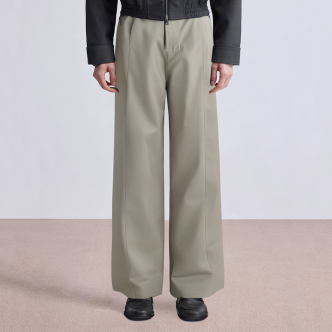 Beige straight-leg belted men's suit pants