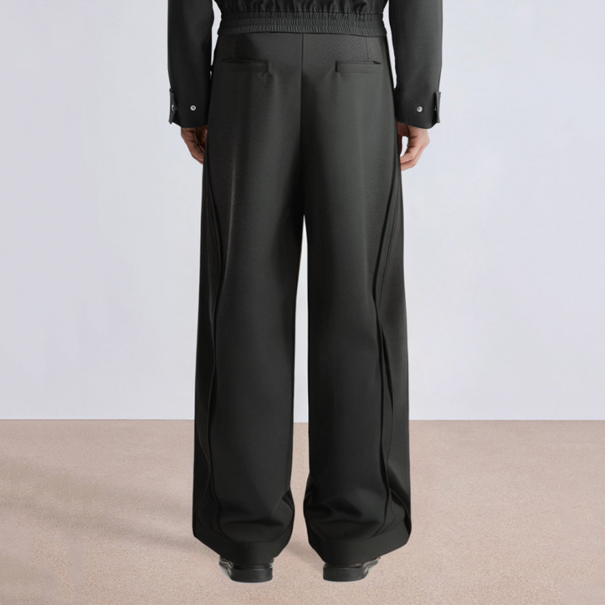 Black straight-leg men's suit trousers with pleats