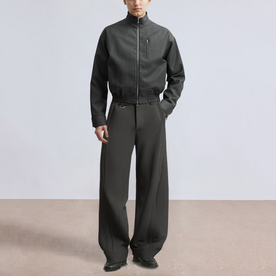 Black straight-leg men's suit trousers with pleats