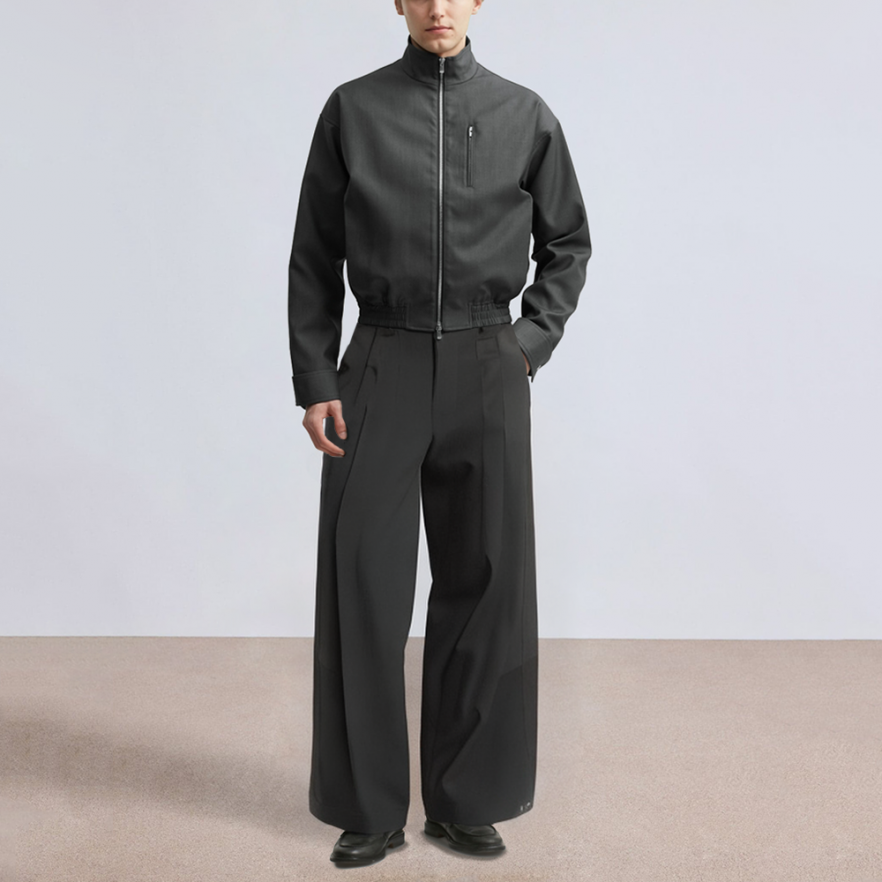 Elastic waist pleated wide leg men's suit pants