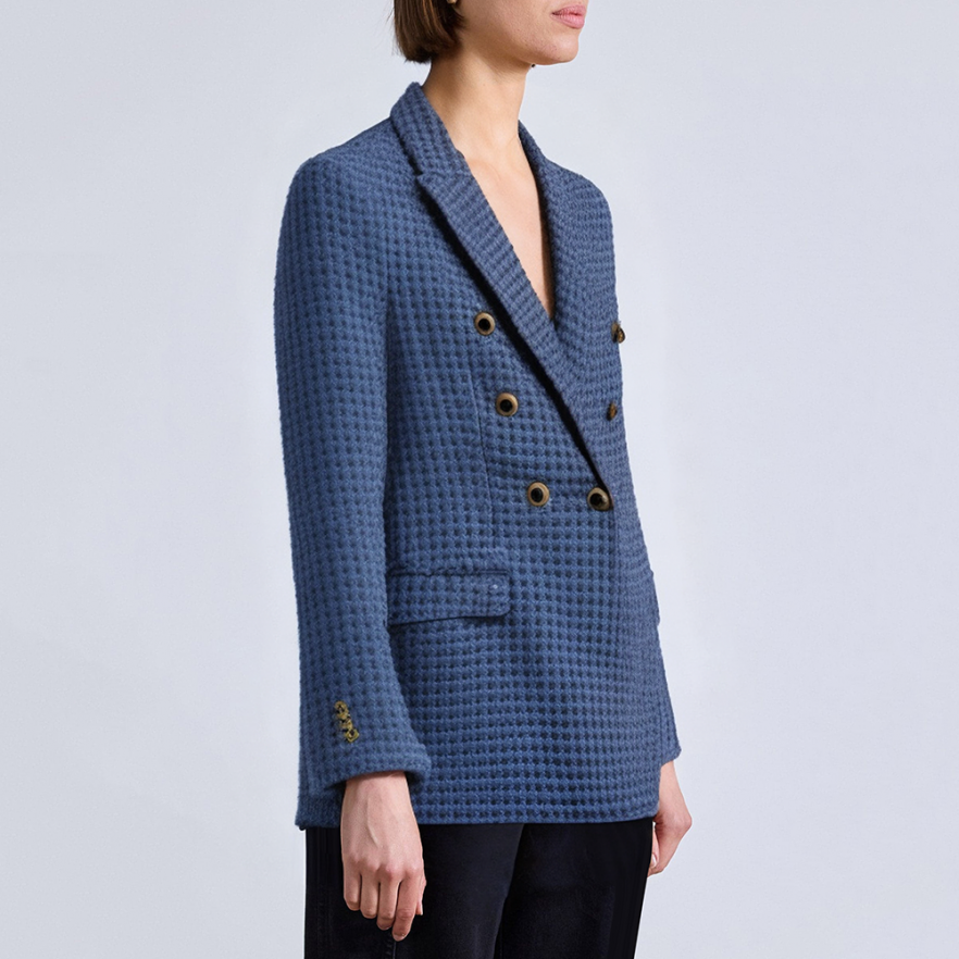 Blue textured double breasted women's blazer