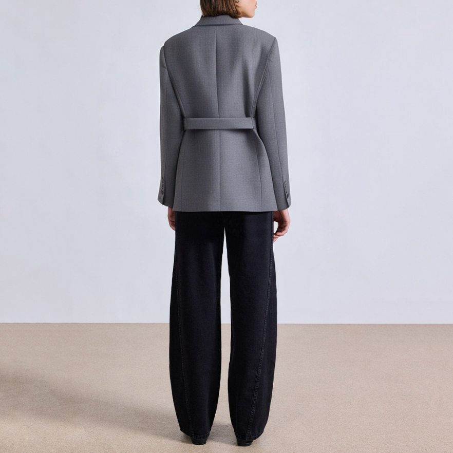 Grey slim fit long sleeve women's suit jacket with belt