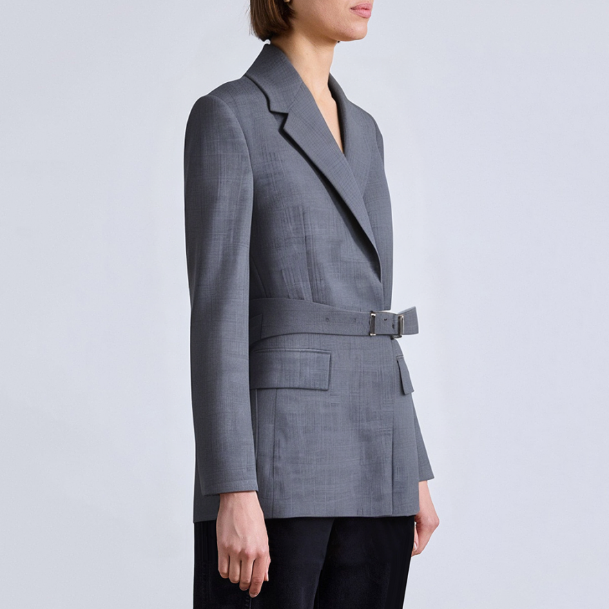 Grey slim fit long sleeve women's suit jacket with belt