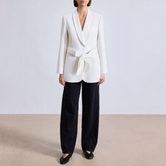 White belted long-sleeved women's suit jacket