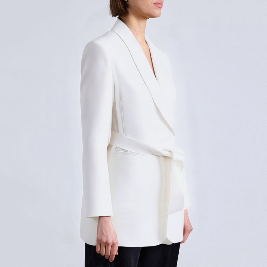 White belted long-sleeved women's suit jacket