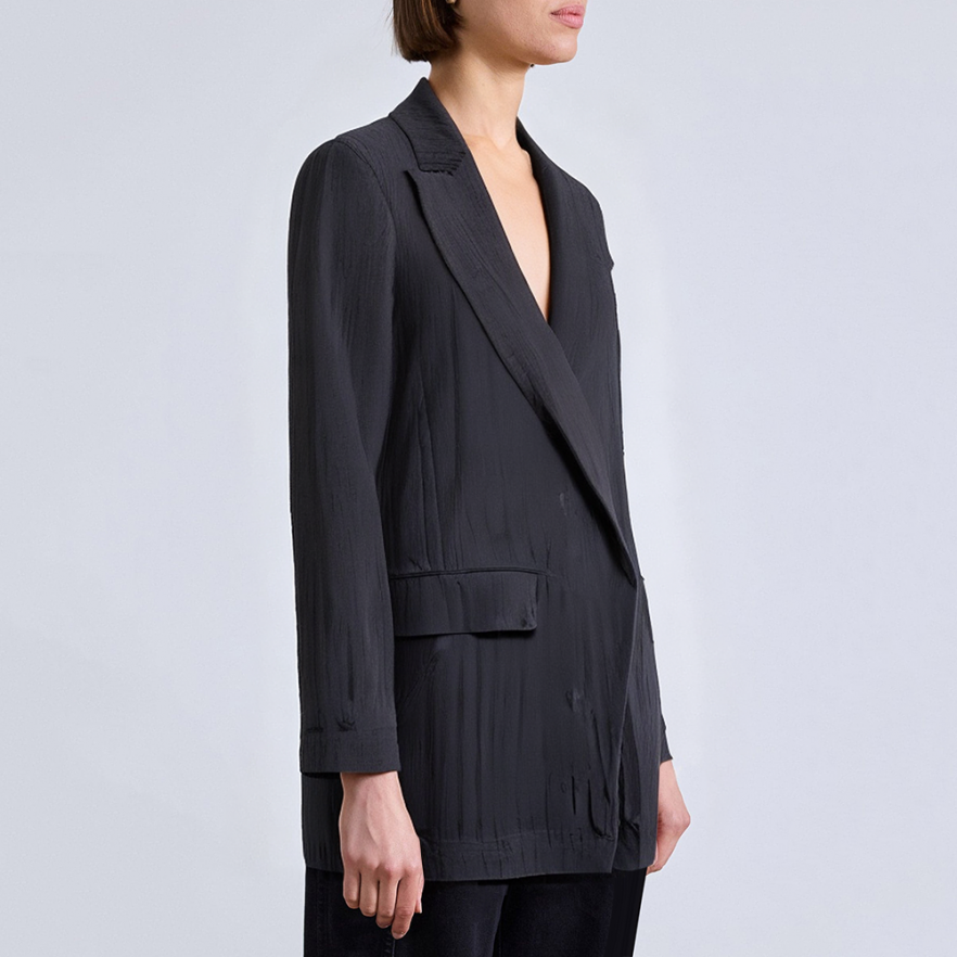 Elegant V-neck black pleated women's suit jacket