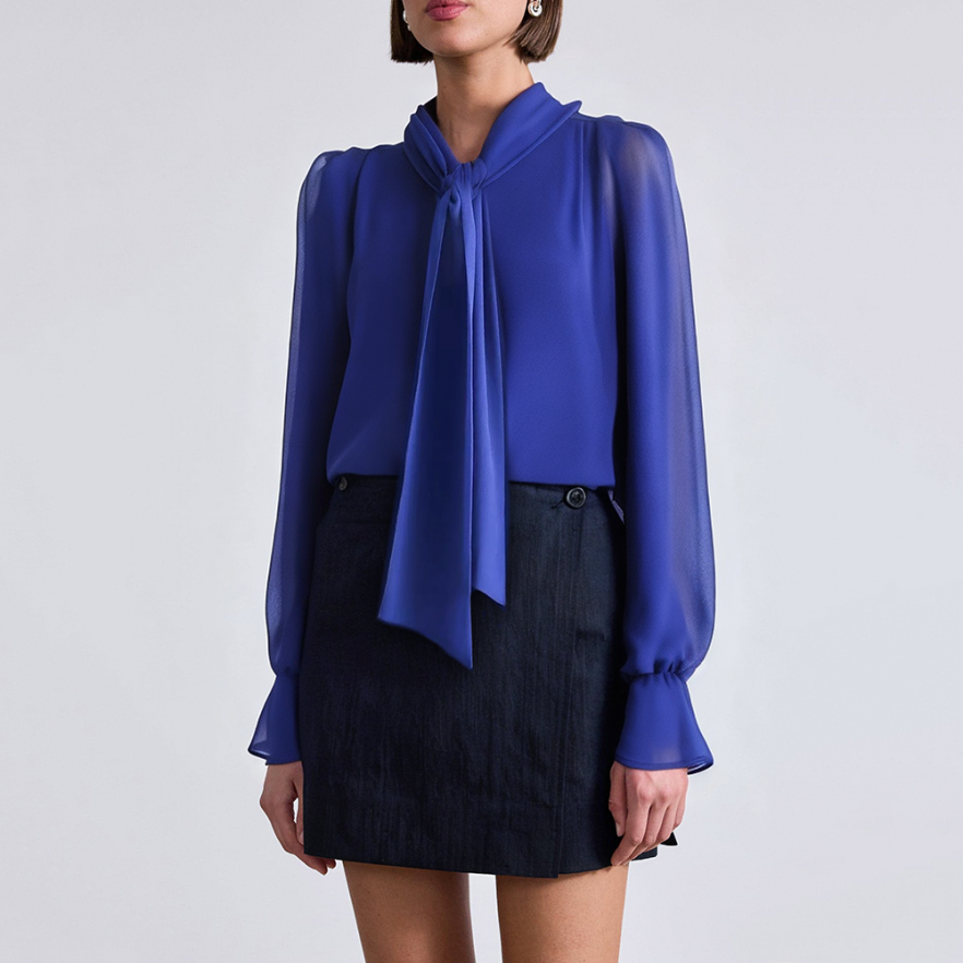Blue V-neck pleated women's business formal suit