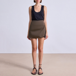 Brown side zipper asymmetric women's short skirt