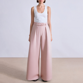 Pink straight-leg women's suit pants with belt