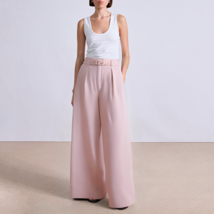 Pink straight-leg women's suit pants with belt