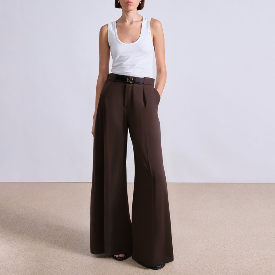 Brown wide leg women's suit pants with belt