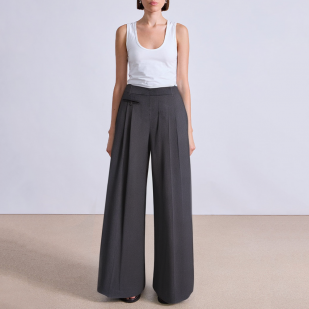 Grey pleated wide leg women's suit pants