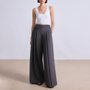 Grey pleated wide leg women's suit pants
