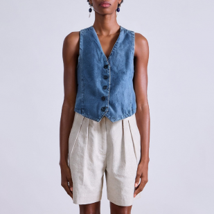 Blue V-neck short denim vest for women