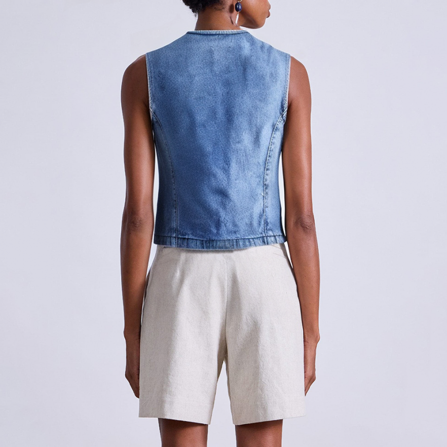 Blue V-neck short denim vest for women