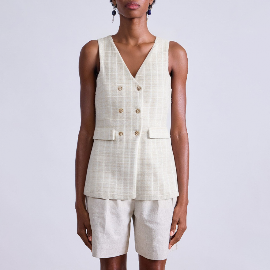 V-neck double-breasted textured women's vest